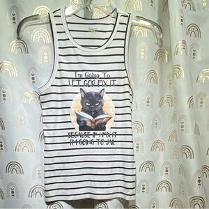 Upcycled No Boundaries Striped Tank Top with Cat Graphic